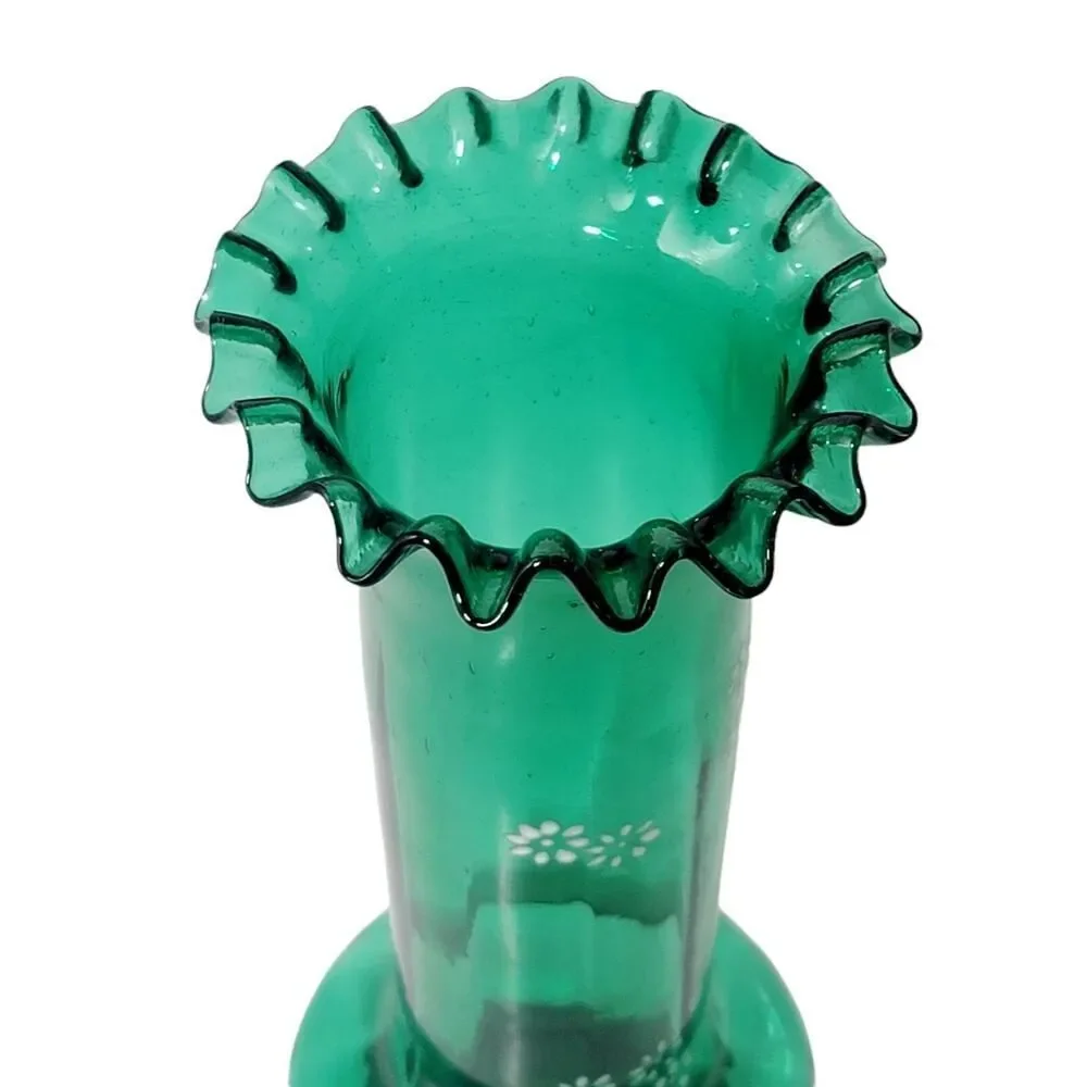 Moser Bohemian Czech Hand Blown Glass Hand Painted Green Enamel Ruffled Vase 10”